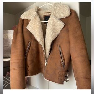 F21 Faux Suede and Fur Trim Lining Moto Jacket with Zippers and Buckle Size M